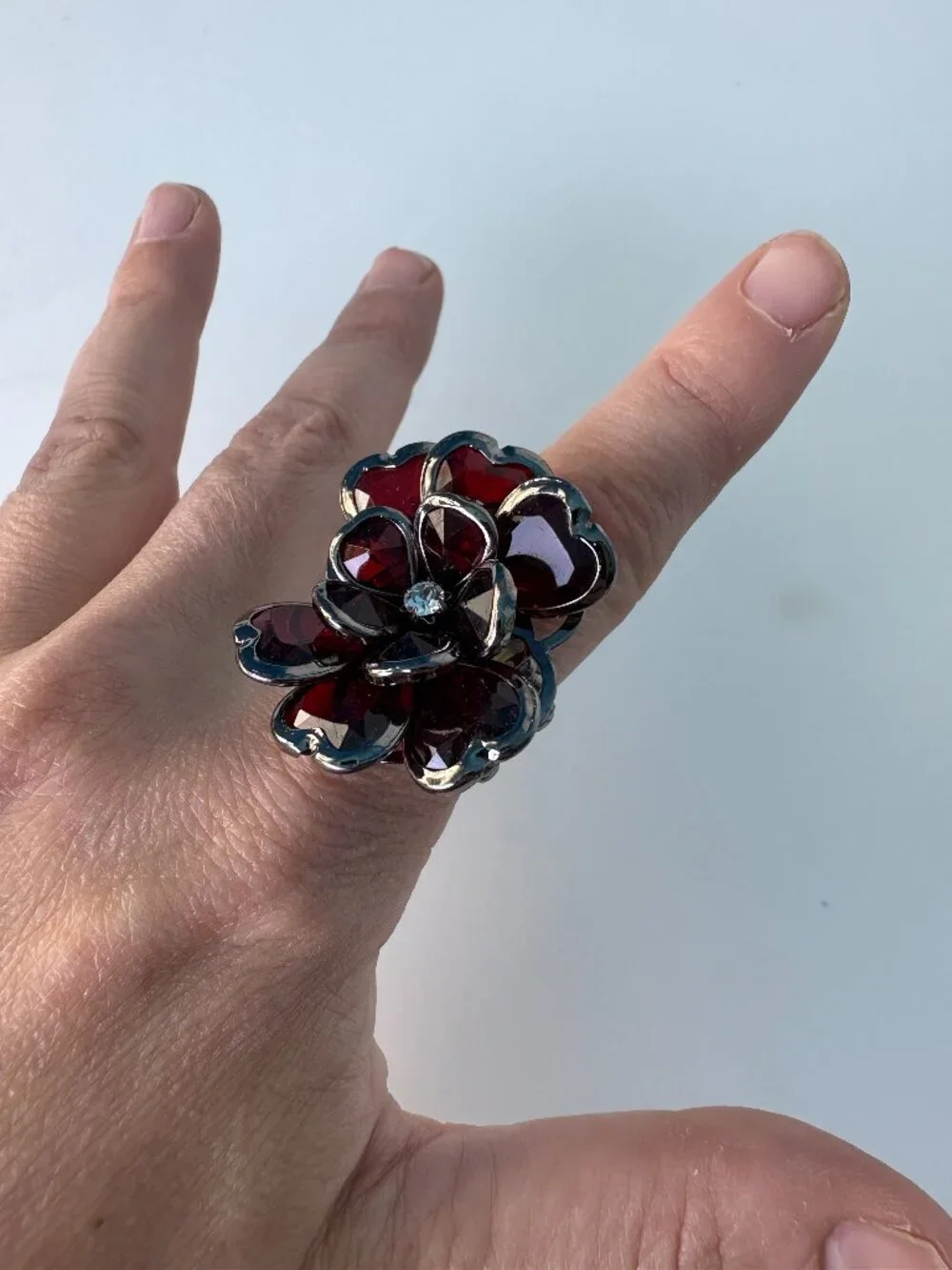 Statement Burgundy Crystal Flower Stretch Ring | Oversized Cocktail Ring